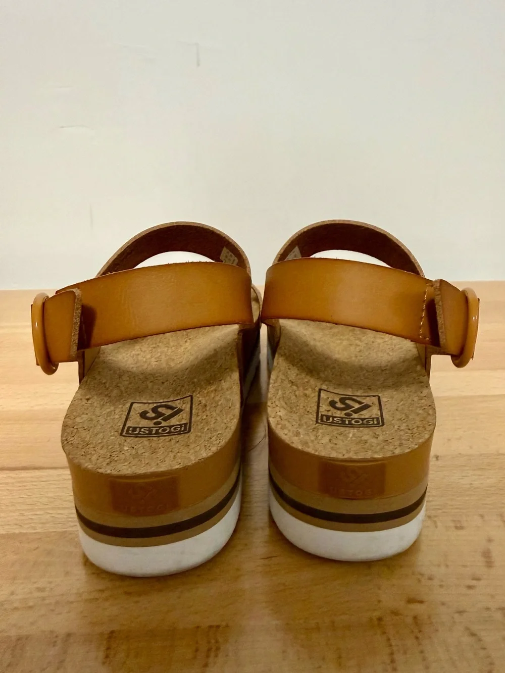Women’s Tan Faux Leather Cork Sandals - Adjustable Buckle, size 6
